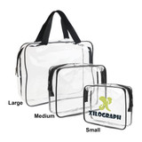 A clear toiletry bag set in varying sizes—large, medium, and small—with black trim and handles.