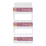 A clear acrylic display stand with three levels, featuring vibrant, eye-catching graphics and a logo.