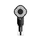 A handheld spray fan in black with a transparent water reservoir at the bottom and a logo.