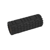 A black foam yoga roller with a textured surface, featuring a cylindrical shape and a solid core.