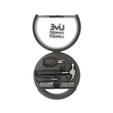 A black car wheel tool kit featuring various tools, including a hammer, pliers, and a selection of screwdriver bits.