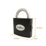 A padlock-shaped toolkit in black with a silver handle, featuring a logo on the front. Measures 19.5 cm by 15.4 cm.