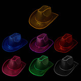 A collection of light-up sequin cowboy hats in blue, pink, red, green, purple, and orange against a black background.