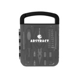 A black and transparent tool case containing various hand tools and accessories, featuring a logo on the front.