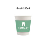 A white, compostable paper cup with a green sleeve and a logo, containing 280ml.