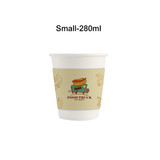 A white paper cup with a tan sleeve featuring a food truck illustration and text. Capacity is 280ml.