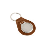 A brown PU leather keyring with a silver metal circular attachment and a keyring loop.