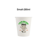 A white single wall paper cup featuring a cartoon character design and a logo, suitable for beverages.