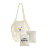 A cream mesh tote bag with a front pocket and two folded pouches. The bag has a logo on the front.