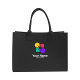 A black felt tote bag featuring a colourful logo and placeholder text for a name and slogan.