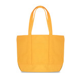 A yellow canvas zippered tote shoulder bag with two handles and a spacious design.