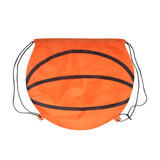 An orange ball-shaped drawstring backpack with black lines, featuring a logo.