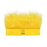 A vibrant yellow headband wig with fluffy hair, featuring a logo on the band.