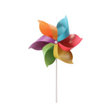 A six-leaf pinwheel with petals in purple, orange, blue, green, red, and yellow, attached to a white stick.