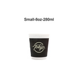 A black corrugated paper cup with a white rim and branding on the side, holding 280ml or 8oz.