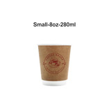 A disposable double wall kraft paper cup in brown, featuring a logo, suitable for hot beverages.