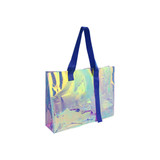 A large, colourful transparent PVC tote bag with glossy, iridescent surface and blue handles.