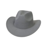 A grey felt cowboy hat with a wide brim and a slightly raised crown, featuring a simple design.
