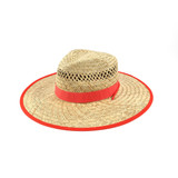 A natural straw hat with a wide brim, featuring a red band around the crown. It has a logo.