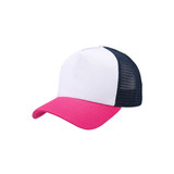 A pink and white trucker hat with a navy mesh backing and an adjustable strap, featuring a logo.