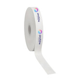 A roll of white satin polyester ribbon featuring a logo printed along its side.