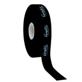 A roll of black cotton ribbon with a printed logo. The ribbon is smoothly unrolling from the centre.