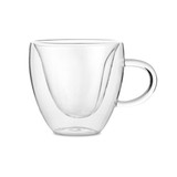 A double wall mug with a clear, glass design and a handle. It features a sleek, modern shape.