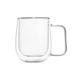 A barrel-shaped double wall mug with a transparent glass finish and a sturdy handle.