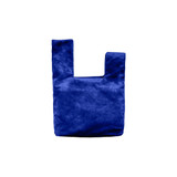 A velvet wrist bag in a vibrant blue colour with a unique knot design and a logo.