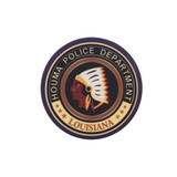 A circular patch featuring a profile of a Native American chief, with text around it indicating the Houma Police Department, Louisiana.