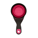 A collapsible pet food scoop in black and pink, featuring a one-cup measurement with a handle.