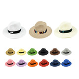 A variety of Panama Beach Sun Hats in colours including white, beige, green, pink, and orange, featuring different bands and styles.