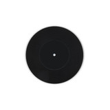 A black coaster designed to resemble a vinyl record, featuring grooves and a central hole.