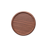 A round wooden coaster in a rich brown hue with a smooth finish and slightly raised edges.