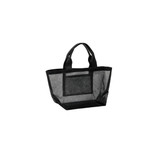 A black mesh beach tote bag with sturdy handles and an open design, featuring a logo.