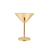 A stainless steel martini goblet with a shiny gold finish and a tapered cup design on a circular base.