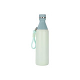 A drink bottle featuring a slim design in light green with a grey top and a carrying strap, branded with a logo.