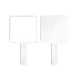 A handheld square mirror in white with a smooth surface and a simple handle, featuring two mirrored sides.