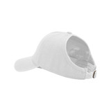 A white ponytail cap with an open back and adjustable strap, designed for easy hair placement.