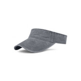 A grey washed sun visor with a wide brim and an adjustable band, featuring a logo on the side.
