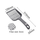 A large grey cat litter scoop with a slotted design for easy filtering, featuring measurements and a circular handle hole.