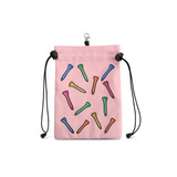 A pink pouch with a drawstring closure, featuring colourful golf tees in various hues and a logo.