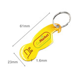 A drink bottle opener keyring in a bright yellow colour, featuring an attached keyring and a logo.