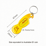 A drink bottle opener keyring in a custom yellow shape, featuring a logo, with measurements indicated.