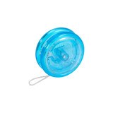 A blue transparent yoyo with a string, featuring a simple design and a visible interior mechanism.