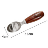 A stainless steel ice cream scoop with a wooden handle, measuring 16cm in length and 4cm in width.