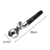 An ice cream scoop with a stainless steel head and a black ergonomic handle, measuring 20 cm in length.