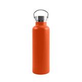 An orange insulated drink bottle made of recycled stainless steel with a metal screw-top lid and handle.