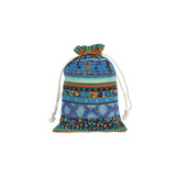 A blue patterned drawstring bag featuring vibrant geometric designs and accents in orange and green.