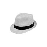 A white straw hat with a black band, featuring a classic fedora style. It has a textured weave and a small brim.